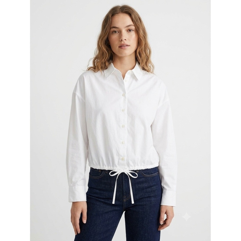 Madewell Top Womens XL White Drawstring Button Up Shirt Poplin 2XS NZ452
